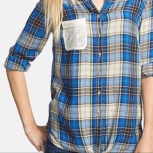 Lucky brand rayon blue plaid button down shirt
